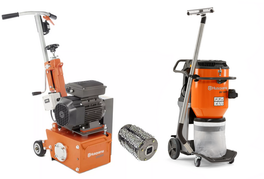 Elektryczna frezarka podłogowa Husqvarna CG200 E + Frez TCT z bębnem + odkurzacz Husqvarna DE130 H