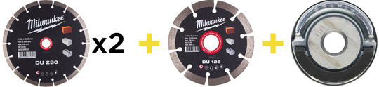 Tarcza diamentowa Milwaukee DU 125 mm + 2x tarcza 230 mm do materiałów budowlanych (+ nakrętka FixTec M14)