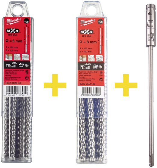 Wiertła Milwaukee SDS-Plus MX4 6x165 i 8x165 mm (20 sztuk) + przedłużka SDS+ 300 mm