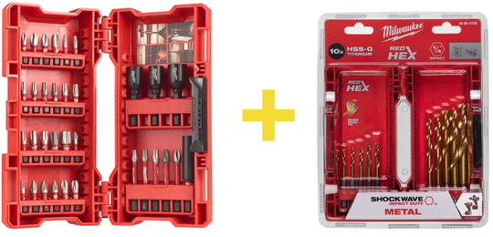 Zestaw bitów Milwaukee Shockwave Impact Duty (33 elementy) + wiertła do metalu HSS Ground Tin (10 sztuk)