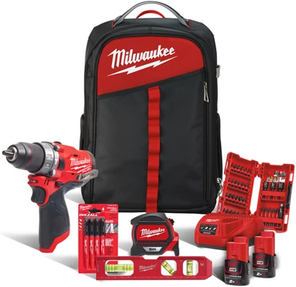 Zestaw dla profesjonalisty Milwaukee M12 FPD-202BA (+ 2x akumulator 2 Ah + ładowarka + poziomica Torpedo + 4x cienkie markery + magnetyczna taśma pomiarowa + plecak)