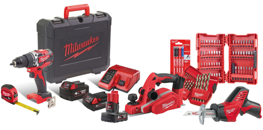 Zestaw elektronarzędzi Milwaukee (powerpack CBLPD + piła szablasta C12HZ + strugarka M18BP + akcesoria)
