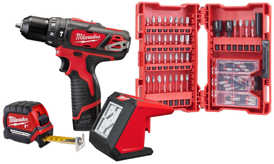 Zestaw elektronarzędzi Milwaukee (wiertarko-wkrętarka M12BPD + latarka M12AL + akcesoria)