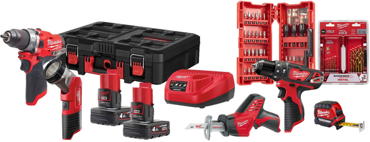 Zestaw elektronarzędzi Milwaukee (Powerpack FPP2AW + piła szablasta C12HZ + wiertarko-wkrętarka BPD)