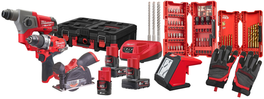 Zestaw elektronarzędzi Milwaukee (Powerpack FPP3R + lampa warsztatowa AL + akcesoria)
