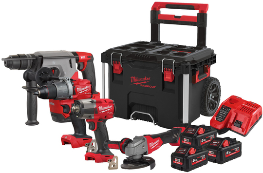Power tool set Milwaukee M18 FPP4A2-553P (drill driver + impact wrench + hammer + angle grinder + 3x battery + charger + box)