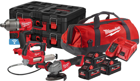 Power tool set Milwaukee M18 FPP3M-553P (impact wrench + grease gun + angle grinder + 3x battery + charger + case + box)