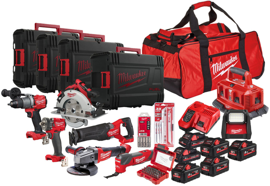 Zestaw elektronarzędzi Milwaukee M18 PP8B-586P (wiertarko-wkrętarka + lampa + pilarka + piła szablasta + szlifierka kątowa)