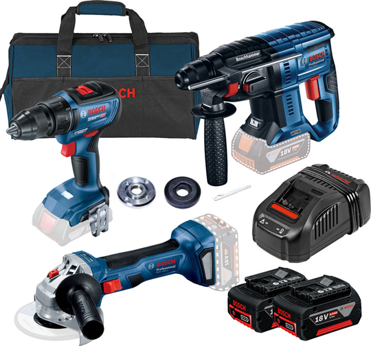 Zestaw elektronarzędzi Bosch (wiertarko-wkrętarka GSR 18V-50 + szlifierka GWS 180-LI + młot GBH 180-LI)