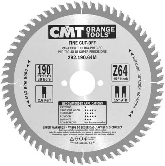 Tarcza tnąca do drewna CMT Orange Tools HM (D 190 mm, F 30 mm, Z 64)