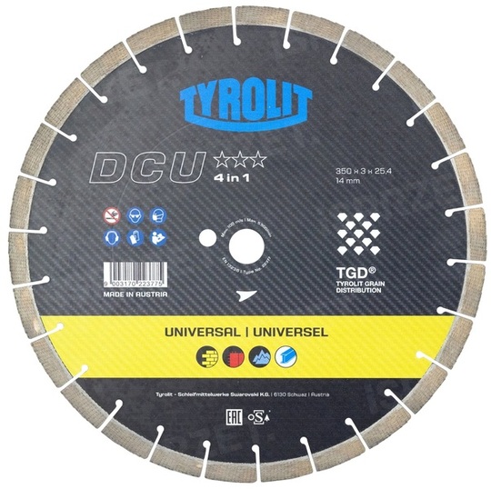 Tarcza diamentowa Tyrolit Premium DCU 350 mm do betonu, cegły i kamienia (szerokość 3,2 mm, otwór montażowy 25,4 mm)