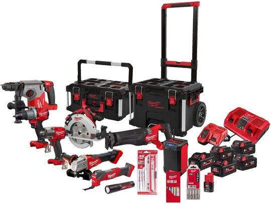 Power tool set Milwaukee M18 FPP9A-556P (drill driver FPD2 + braking grinder FSAG125X-0 + sawzall FSZ + accessories)