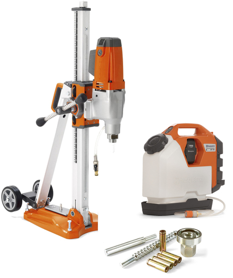 Drill stand with Husqvarna DMS 240 core drill (+ water tank WT 15i and anchoring kit)