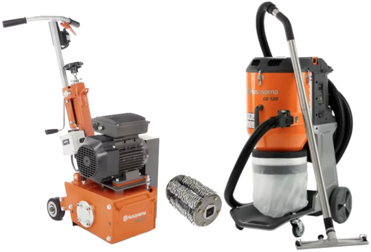 Elektryczna frezarka podłogowa Husqvarna CG200 E + Frez TCT z bębnem + odkurzacz Husqvarna DE120