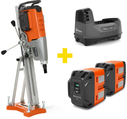 Cordless core drill Husqvarna DM 1 PACE, with DS500 stand (+2x batteries, charger)