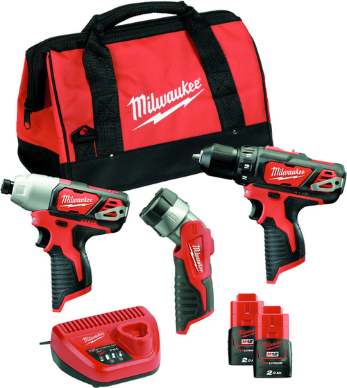 Zestaw combo Milwaukee M12 BPP3A Powerpack (+ 2x akumulator 2 Ah + ładowarka + torba + latarka led)