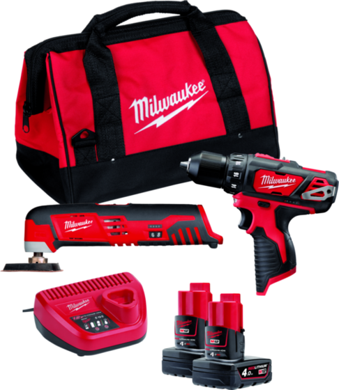 Zestaw combo Milwaukee M12 BPP2D-402B Powerpack (+ 2x akumulator 4 Ah + ładowarka + torba)