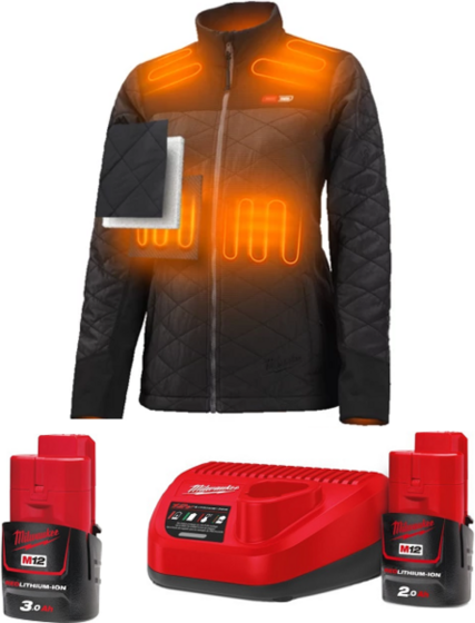 Damska kurtka robocza Milwaukee puchowa podgrzewana + akumulator z ładowarką NRG Pack M12 NRG-201 + akumulator M12 B3 - Czarny