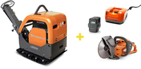 Reversible vibratory plate Husqvarna LG504 Hatz El 550 mm + battery power cutter K535i + battery + charger