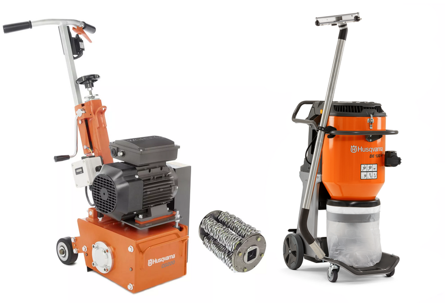 Electric floor milling Husqvarna CG200 E + milling cutter TCT with drum + dry special industrial vacuum cleaner Husqvarna DE130 H
