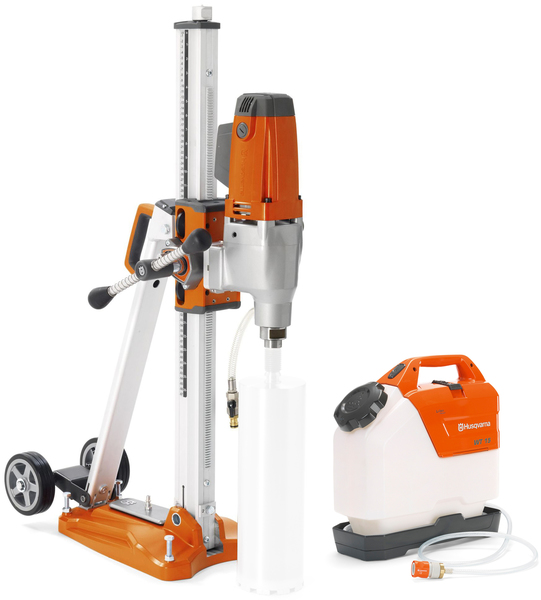 Drill stand with Husqvarna DMS 240 core drill + water tank with electric pump Husqvarna WT 15 