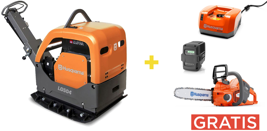Reversible vibratory plate Husqvarna LG504 Hatz El Cl 850 mm + battery chainsaw 535i XP + battery + charger