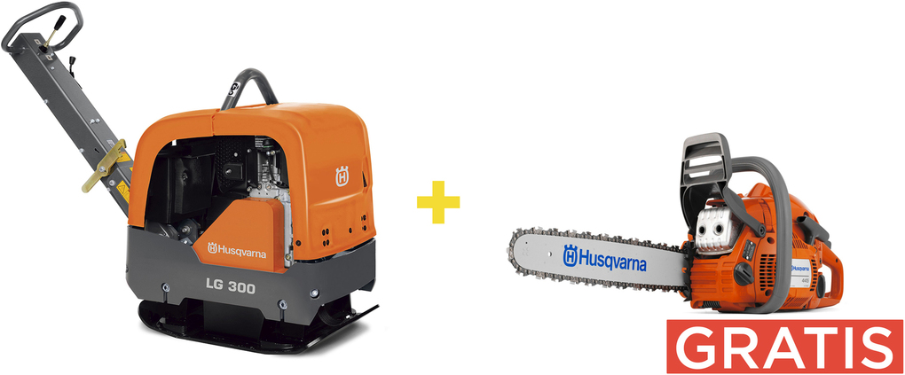 Reversible vibratory plate Husqvarna LG300 Hatz El 600 mm + chainsaw 445 Mark II