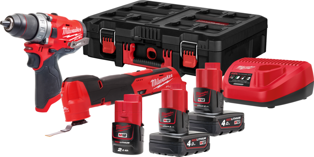 Zestaw combo Milwaukee M12 FPP2AX-423P Fuel Powerpack (+ 2x akumulator 4 Ah i akumulator 2 Ah + ładowarka + skrzynia Packout)