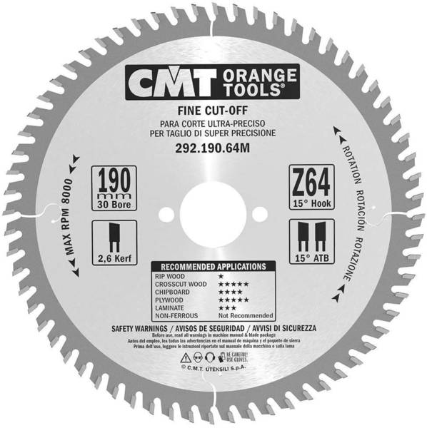 Saw blade for wood CMT Orange Tools HM (D 190 mm, F 30 mm, Z 64)