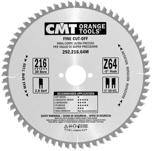 Saw blade for wood CMT Orange Tools HM (D 216 mm, F 30 mm, Z 64)