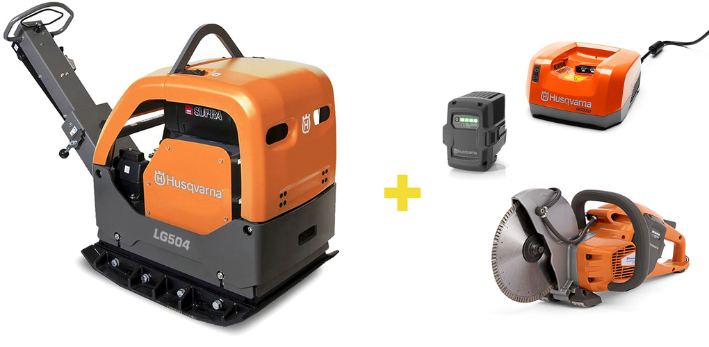 Reversible vibratory plate Husqvarna LG504 Hatz Man 700 mm + battery power cutter K535i + battery + charger