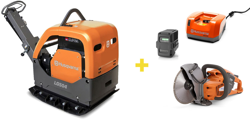 Reversible vibratory plate Husqvarna LG504 Hatz El 850 mm + battery power cutter K535i + battery + charger