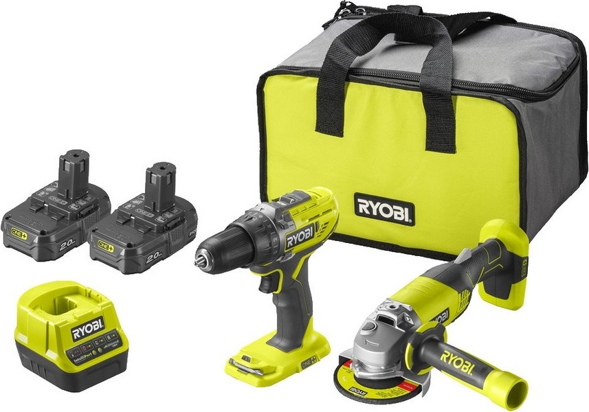 Drill driver Ryobi R18DD3 + braking grinder R18AG + charger RC18120 + 2x battery RB18L20 + bag