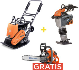Single direction vibratory plate Husqvarna LF130 Honda LT + tamping rammer LT6005 11'' Premium + chainsaw
