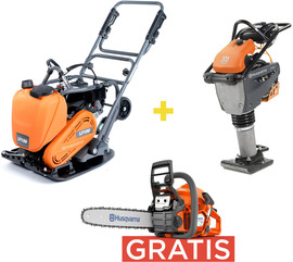 Single direction vibratory plate Husqvarna LF130 Honda LT + tamping rammer LT5005 9'' Premium + chainsaw